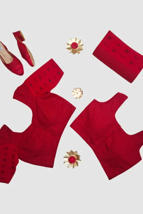 Handloom cotton / Ikat-inspired cotton with micro-check pattern and woven motif detailing.