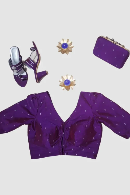 Purple silk-cotton designer blouse with V-neck
