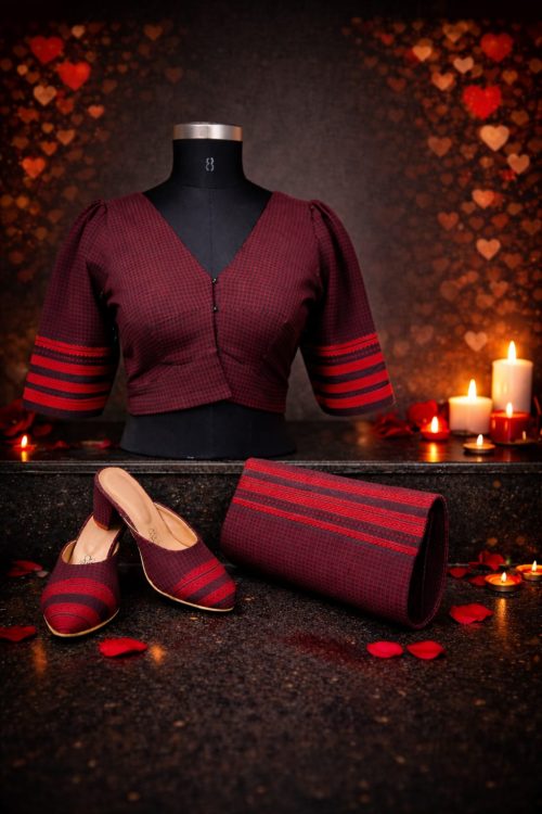 Handloom cotton with traditional woven borders and a fine micro-check pattern.